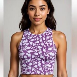 Becco Longline Sports Bra LARGE Purple Floral Athletic Crop Tank Top Workout
